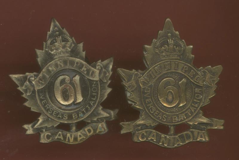 Canadian 61st Winnipeg Bn. WW1 CEF collar badges