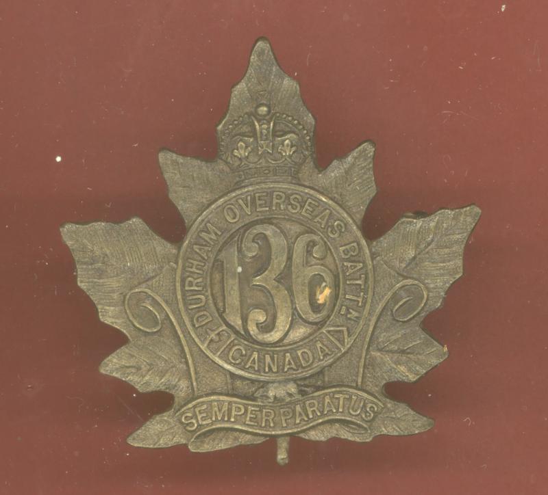 Canadian 136th Durham Oversea's Bn.CEF WW1  cap badge