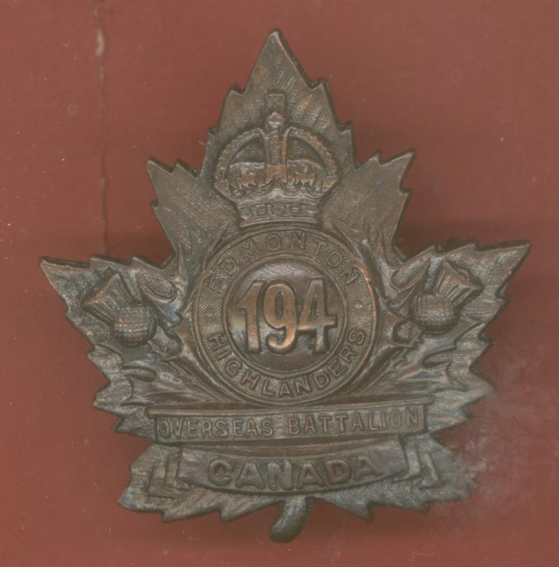 Canadian 194th Battalion, The Edmonton Highlanders WW1 CEF Cap Badge