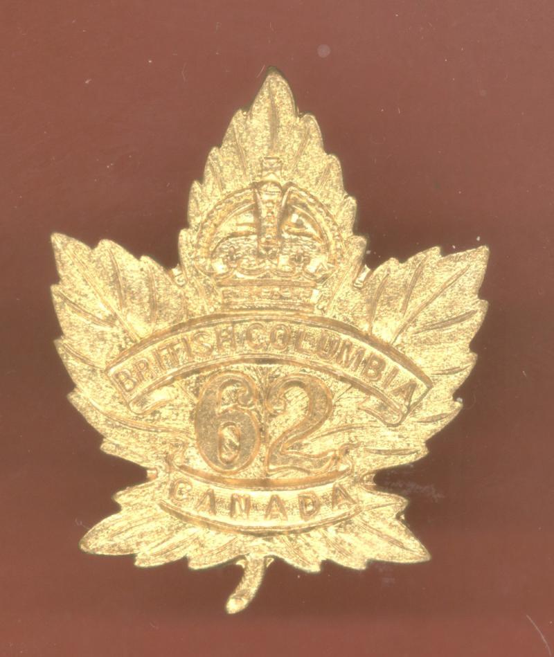 Canadian 62nd Battalion, Vancouver, B.C.  WW1 CEF cap badge