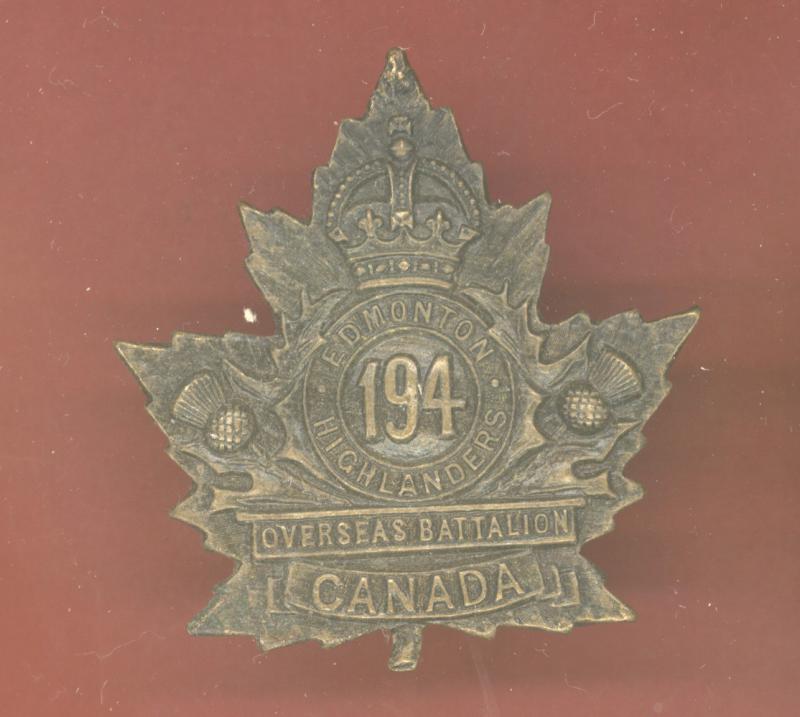Canadian 194th Edmonton Highlanders Bn. WW1 CEF cap badge