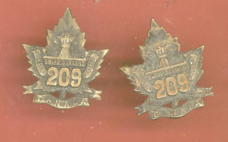 Canadian 209th Swift Current, Saskatchewan Bn. WW1 CEF collar badges