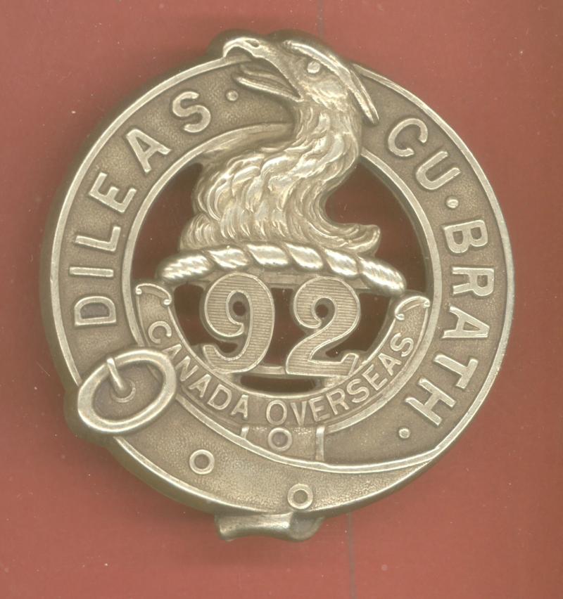 Canadian 92nd Toronto Bn. WW1 CEF glengarry badge