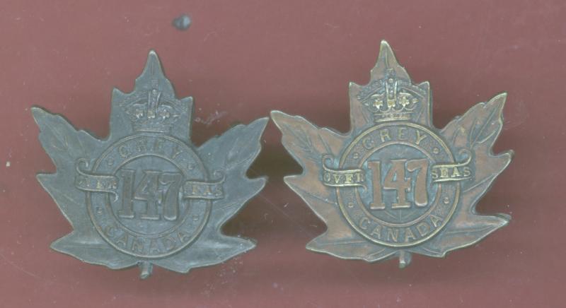 Canadian 147th Grey County Bn. WW1 CEF collar badges