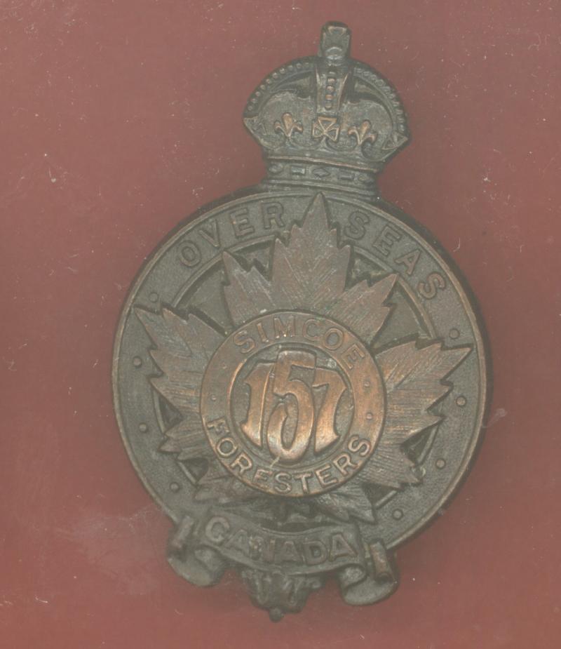 Canadian 157th Simcoe Foresters - Barrie, Ontario Bn. WW1 CEF Officer cap badge
