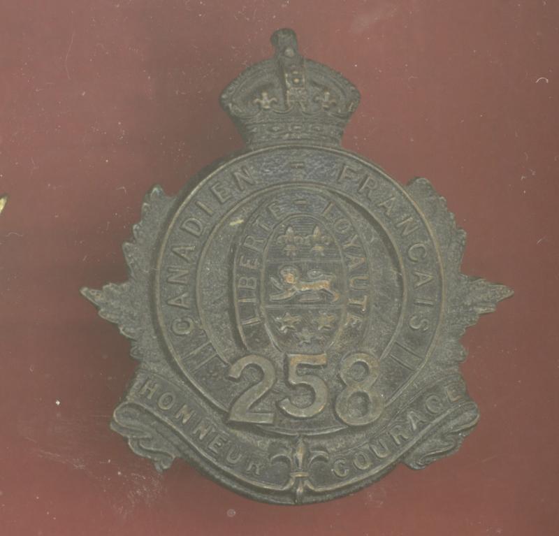 Canadian 258th Quebec City Bn. WW1 CEF cap badge
